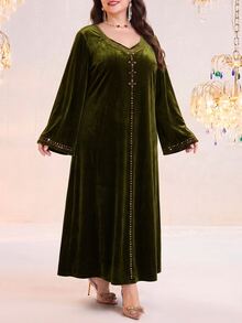 Al Najma Plus Size Women's Casual Party & Travel Arabian Dress - Army Green - View 6