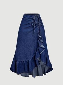SHEIN PETITE Women's Ruched Ruffle Casual Versatile Daily Embroidered Denim Skirt - Dark Wash - View 5
