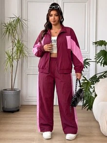 SHEIN EZwear 大尺碼女款拼色長袖拉鍊夾克與鬆緊腰長褲兩件套 秋季 - 酒紅色 - 查看 5