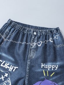 SHEIN 青少年女孩秋季套裝 2件組 圓領休閒百搭日常塗鴉圖案連帽短版衛衣 + 牛仔風塗鴉寬鬆... - 紫色 - 查看 3