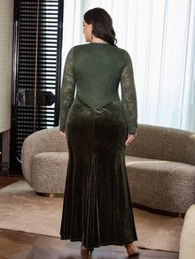 Modelyn Women's Vintage Velvet Patchwork Dress, Autumn/Winter Party Evening Gown - Olive Green - View 2