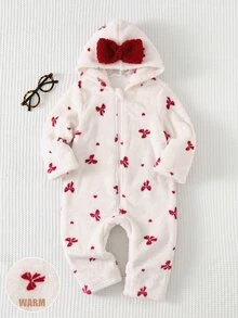 SHEIN Baby Girl Casual Comfortable Daily Versatile Fuzzy Bowknot Pattern Hooded Romper - White - View 5