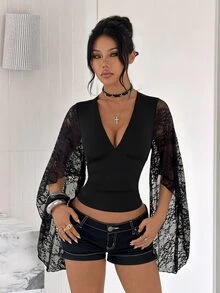 EgrlEra Women's Black V-Neck Contrast Lace Flare Sleeve T-Shirt - Black - View 6