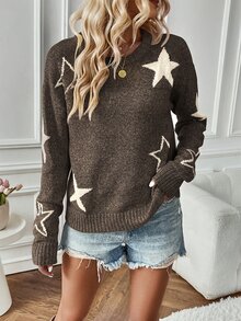 EMERY ROSE Star Pattern Drop Shoulder Sweater,Long Sleeve Tops Knit Pullover Fall Winter Sweater - Brown - View 6
