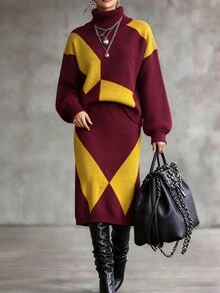 Omancia Women's Contrast Color Lantern Sleeve Top And Skirt Casual Knit Two Pieces Set - Multicolor - View 3