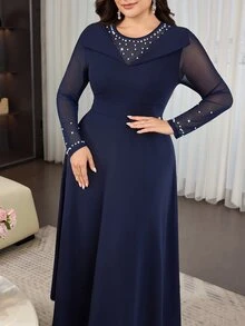 Modelyn Đầm dáng chữ A size lớn vừa vặn, cổ tròn, tay dài, eo chiết, đính ngọc trai trang trí thanh lịch, phù hợp cho tiệc chiêu đãi, đám cưới, Ngày Nhà giáo - Màu xanh hải quân - Xem 5