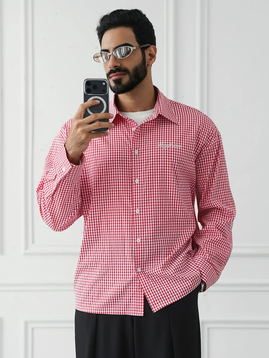 HUEFORM Men's Casual Red And White Plaid Long Sleeve Shirt - Red - View 1