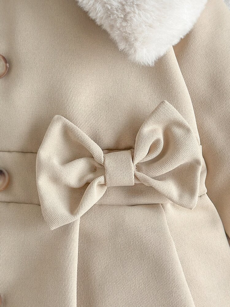 SHEIN Vintaside Kids Baby Girl Khaki Winter Elegant Birthday Fluffy Collar 3D Bowknot Dress Coat Solid Color A-Line Jacket With Fluffy Fur Collar And Cuffs Little Princess - Khaki - View 5