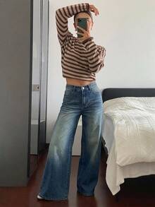 DAZY 女款星星口袋裝飾直筒牛仔褲，休閒街頭風 - 霧霾藍 - 查看 4