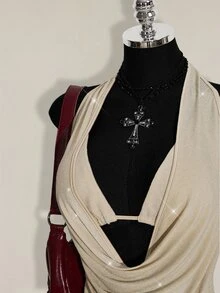 SHEIN ICON 大尺碼女款 2 件組夏季外穿亮片露背背心與細肩帶背心，適合海灘、夏威夷派對、返校日、演唱會與夜店 - 杏色 - 查看 6