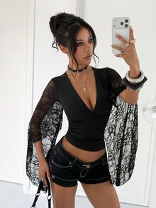EgrlEra Women's Black V-Neck Contrast Lace Flare Sleeve T-Shirt - Black - View 1
