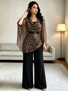 Rafferiza Fall Winter Leopard Print Draped Neck Sheer Chiffon Two‑Piece Set Elegant Wide Leg Pants Outfit Par - Multicolor - View 5
