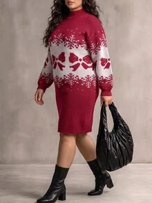 Cravure Autumn/Winter Plus Size Red Christmas Sweater Dress With Small Stand Collar, Bowknot And Snowflake Knit Skirt - Red - View 6