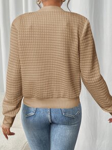 SHEIN Frenchy 女款純色長袖拉鍊領休閒棒球夾克，適合秋冬/春季 - 卡其色 - 查看 2