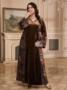 Al Najma 大尺碼女款花卉印花V領長袖阿拉伯風洋裝 - 彩色 - 查看 3