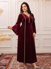 Al Najma Plus Size Women's Colorblock V-Neck Casual Party Arabian Dress - Burgundy - View 1
