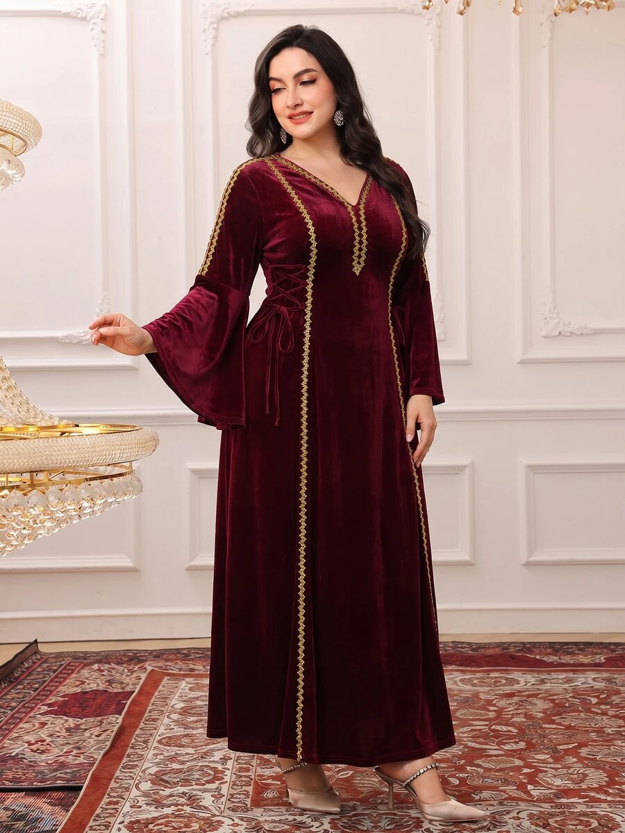 Al Najma Plus Size Women's Colorblock V-Neck Casual Party Arabian Dress - Burgundy - View 1