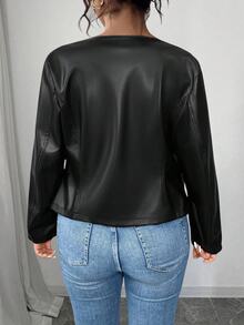 SHEIN PETITE CURVE جاكيت PU كلاسيكي متعدد الاستخدامات للنساء بمقاسات كبيرة، سلسلة صغيرة الحجم ملابس الخريف والشتاء للنساء - الأسود - مشاهدة 2