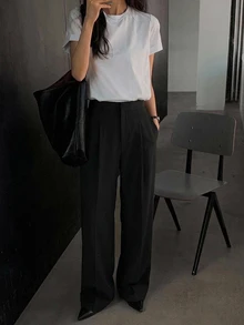 DAZY 女款商務休閒純色直筒長褲 - 黑色 - 查看 9