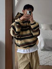 DAZY Autumn/Winter Teddy Fleece Vintage Striped Zip-Up Half-Open Hooded Sweatshirt For Men, Korean Style Hoodies - Multicolor - View 4