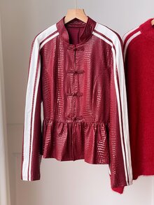 Comfortcana Women's Side Stripe Button Placket Ruffle Hem Regular Jacket - Red - View 4