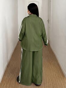 Maweii 2件組女款條紋休閒寬鬆襯衫與印花長褲套裝，通勤風格，秋冬季 - 綠色 - 查看 3