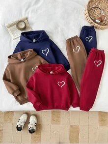 SHEIN 女童針織素色愛心圖案連帽休閒衛衣與長褲 6件套秋季兒童套裝 - 彩色 - 查看 7