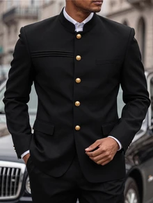 Manfinity Mode Men's Luxury Mandarin Button Design Stand-Collar Blazer, Suitable For Daily Commuting, Business, Gatherings, And Parties. - Black - View 7