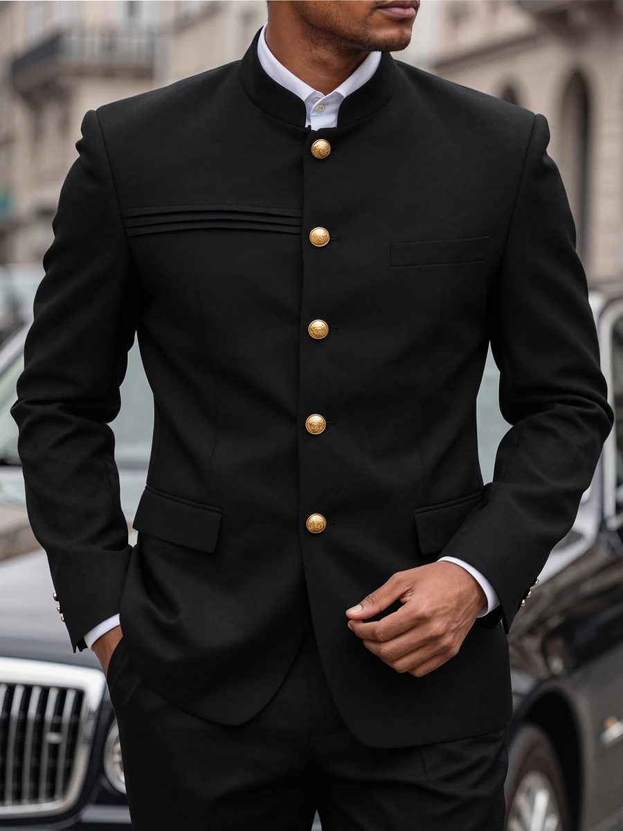 Manfinity Mode Men's Luxury Mandarin Button Design Stand-Collar Blazer, Suitable For Daily Commuting, Business, Gatherings, And Parties. - Black - View 1