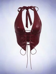 SHEIN ICON Women's Eyelet Tie Fitted Cropped Sexy Halter Neck Tank Top - Burgundy - View 4