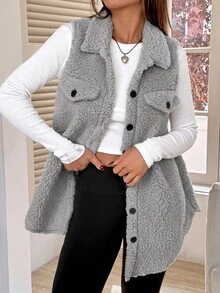 SHEIN EZwear 女款大腿長棕色法蘭絨泰迪外套，領口設計，寬鬆版型，適合秋冬穿著 - 淺灰色 - 查看 9