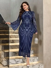Modelyn Women's Flared Sleeve Fitted Pattern Elegant Party Dress, Plus Size, Autumn/Winter - Navy Blue - View 4