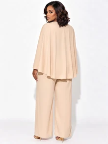 Poshavie Poshavie Plus Size Women Elegant Fashion Premium Set, Long Sleeve Round Neck Flowy Modified Robe Paired With Loose Comfortable Pants, Flattering And Slimming, Suitable For Daily Shopping, Commuting And Outings - Khaki - View 2
