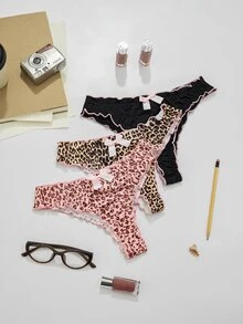 ZzzCrew Women's 3pcs Pink Bow Leopard Print Sexy Thong - Multicolor - View 5