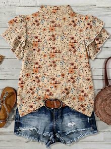 Mellowie Khaki Floral Print Casual Loose V-Neck Double Layer Ruffle Flutter Sleeve Top (Autumn/Winter New) - Multicolor - View 2