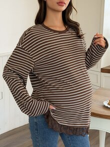 DAZY Patchwork Hem Lace Loose Long Sleeve Pullover Casual Daily Korean Style Spring Autumn Maternity T-Shirt - Brown - View 5