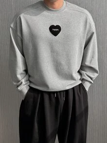 DAZY Sweatshirt Pullover Pria Warna Abu-abu dengan Lapisan Termal, Bordir Patchwork Huruf, Kerah Bulat, dan Manset serta Ujung Bawah Bergaris untuk Musim Gugur/Dingin - Grey - View 4