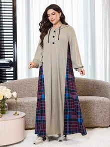 Al Najma Plus Size Women's Plaid Patchwork Hooded Arabian Dress - Multicolor - View 1