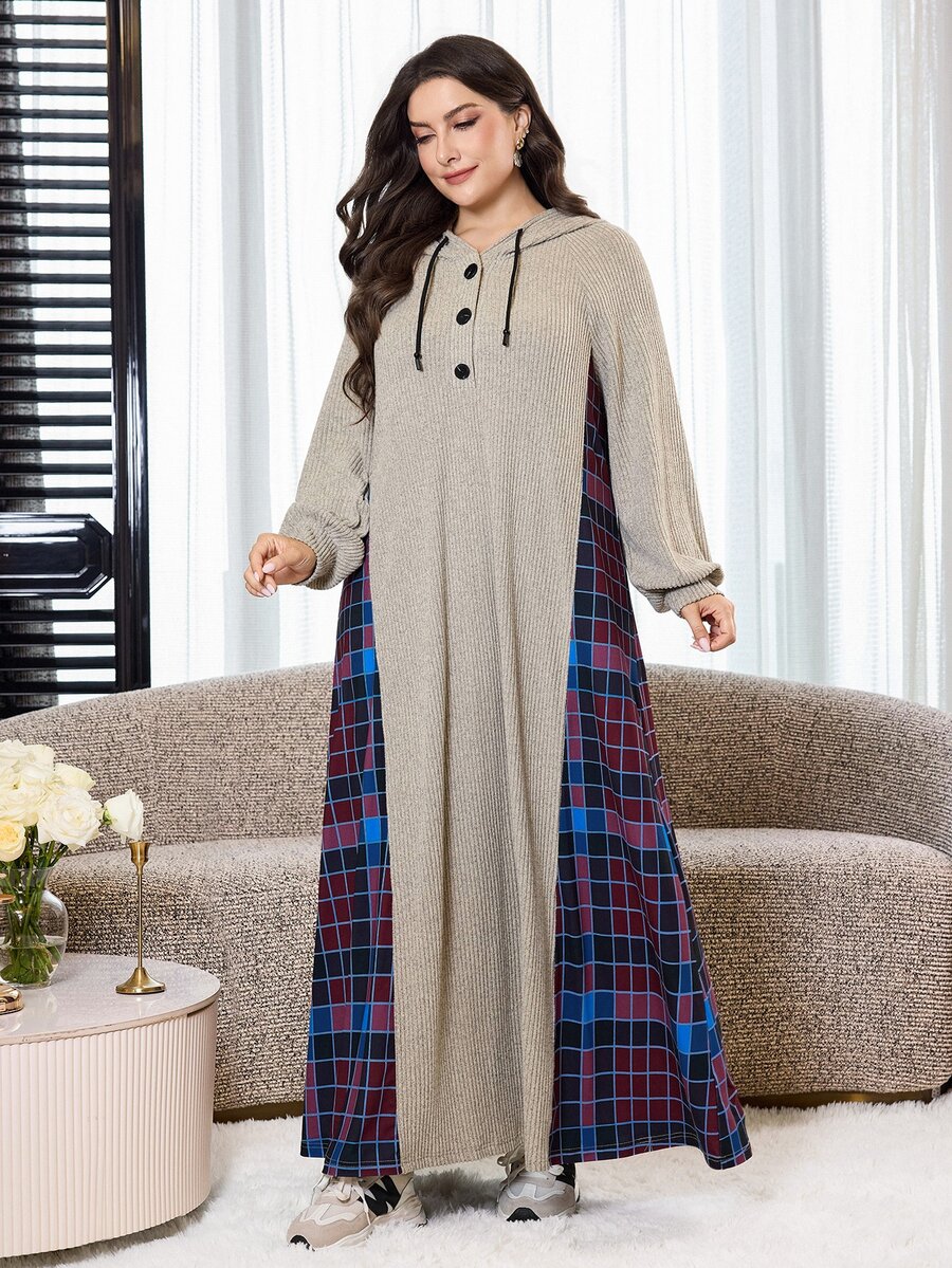 Al Najma Plus Size Women's Plaid Patchwork Hooded Arabian Dress - Multicolor - View 1