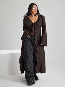SHEIN ICON ICON 大尺碼女款 V 領前綁帶喇叭袖針織上衣 秋季款 - 棕色 - 查看 1
