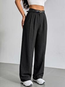 Solflare Plus Size Women's Pleated Pocket Straight Leg Loose Black Pants - Black - View 3
