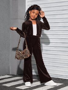SHEIN 少女天鵝絨連帽開襟衫與長褲運動休閒套裝 - 咖啡棕 - 查看 7