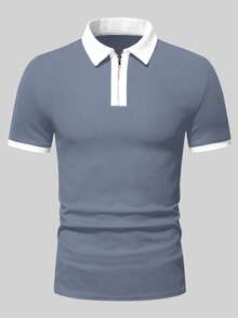 Manfinity Homme 男士半拉鍊 Polo 衫，適合高爾夫球、正式場合 - 霧霾藍 - 查看 3