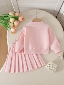 SHEIN 女嬰粉色針織套裝，手工歐根紗蝴蝶結圓領落肩長袖套頭毛衣 + 成套百褶裙，優雅溫柔可愛，柔軟舒適，適合日常穿著、旅行與度假 - 粉色 - 查看 2