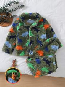Boys' Colorful Cute Dinosaur Print Long Sleeve Top And Pants Fleece 2-Piece Set, Casual Autumn/Winter Loungewear - Multicolor - View 4