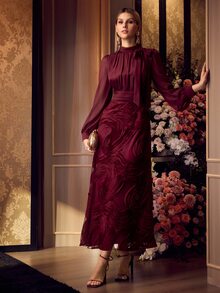 MOTF PREMIUM FLOWY TEXTURED FABRIC FASHION SLIMMING WAIST ELEGANT ELEGANT WOMEN'S DRESS - Burgundy - View 1