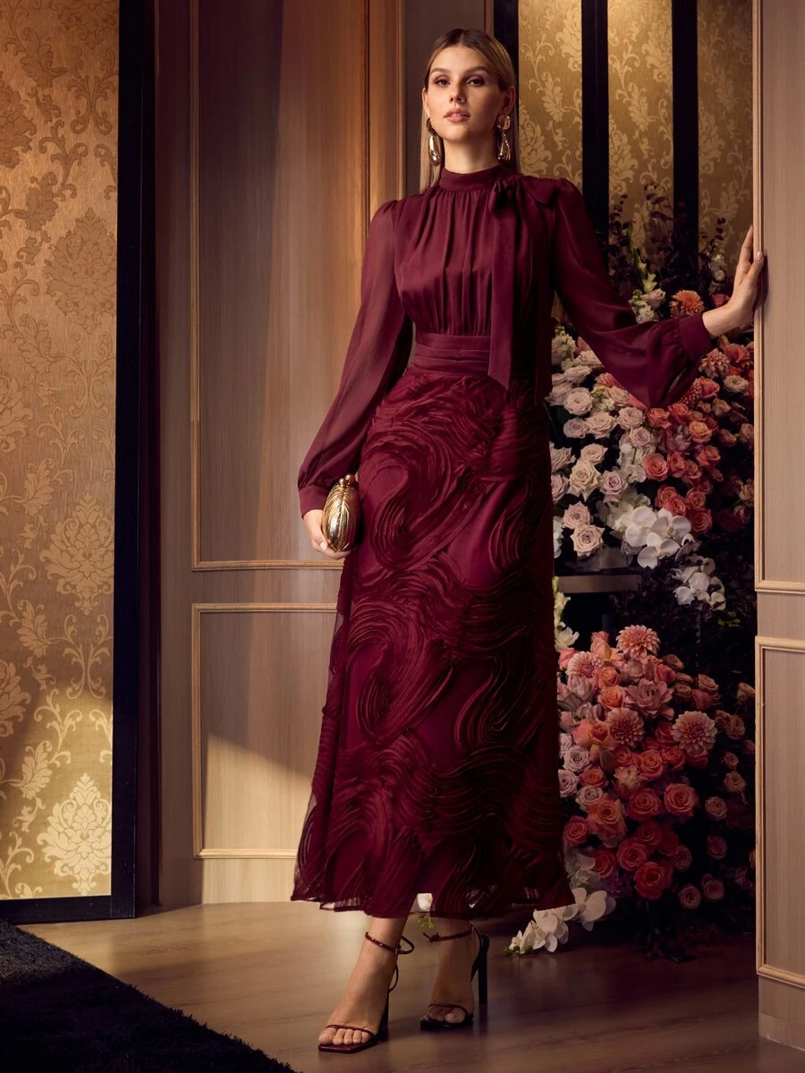 MOTF PREMIUM FLOWY TEXTURED FABRIC FASHION SLIMMING WAIST ELEGANT ELEGANT WOMEN'S DRESS - Burgundy - View 1