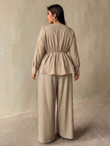 Auralis Plus Size Cross V-Neck Metal Buckle Decor Long Sleeve Top & Straight Leg Pants/Elastic Waistband Set/Khaki – Work/Casual - Khaki - View 3
