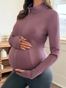 Dazy Maternity جاكيت أمومة كاجوال رياضي يومي بياقة واقفة وسحاب كامل وتصميم ضيق وأكمام طويلة لفصلي الربيع والخريف - الأرجواني - مشاهدة 7