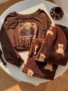 Comfortcana Women's Letter Cartoon Bear Print Sweatshirt And Waist Tie Long Pants Set - Brown - View 1